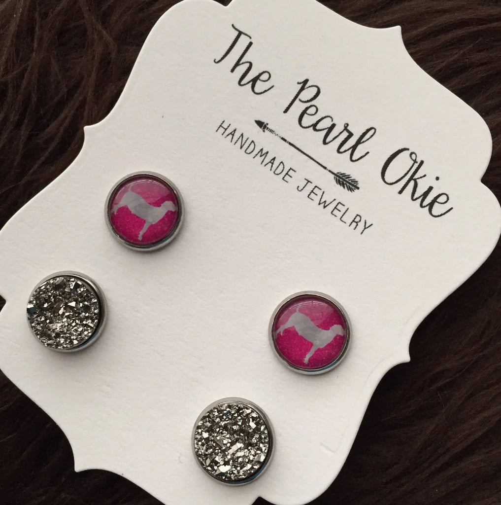 Pink Glitter Goat, Kid, Nubian & Dark Gray Faux Druzy Stainless Steel Hypoallergenic Stud