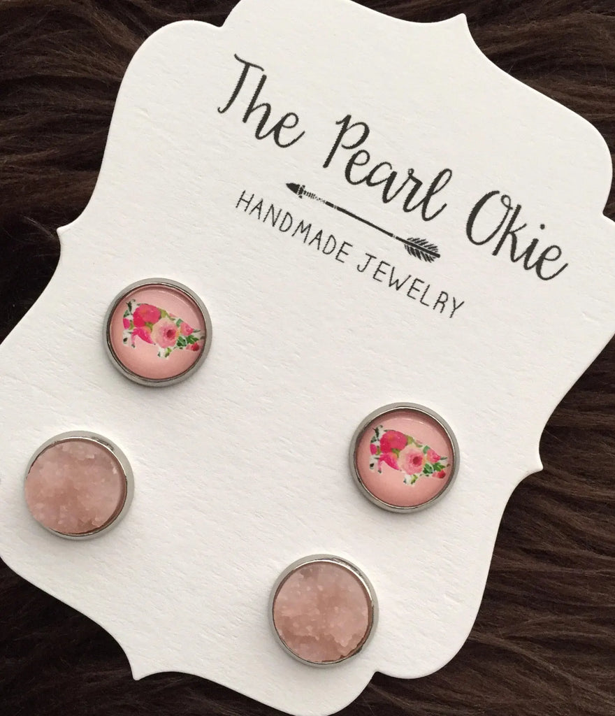 Light Pink Floral Pig & Light Pink Faux Druzy Stainless Steel Hypoallergenic Stud