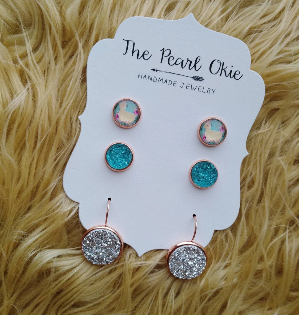 Rose Gold Floral Llama and Mint Blue Faux Druzy Earring Trio Set