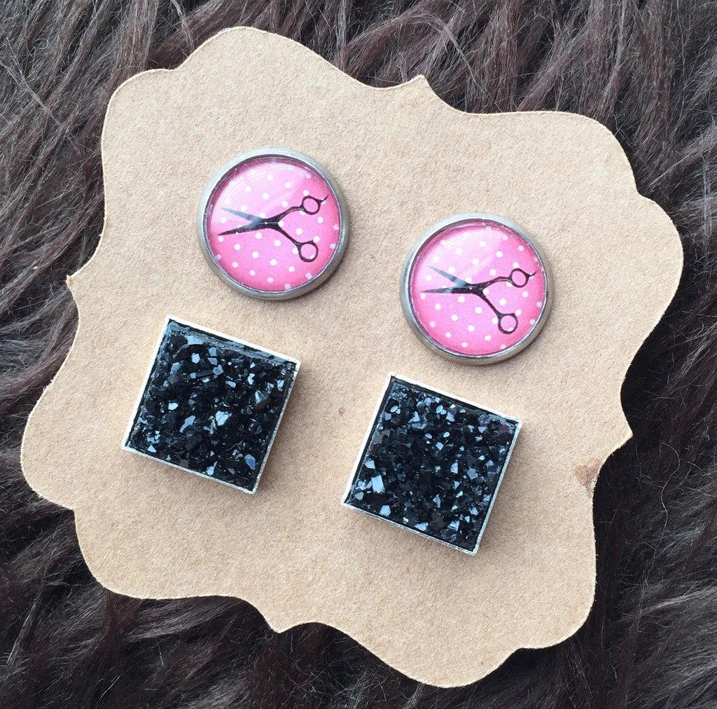 Salon Hairstylist Polka Dot Coral Pink Shears and Square Black Faux Druzy Hypoallergenic Earring Stud