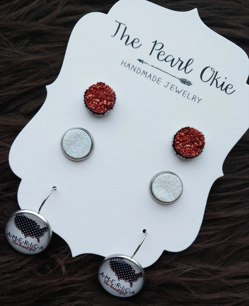 4th of July Red, White & Blue Faux Druzy Earring Trio Set