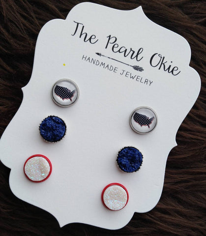 4th of July Red, White & Blue USA Faux Druzy Earring Trio Set
