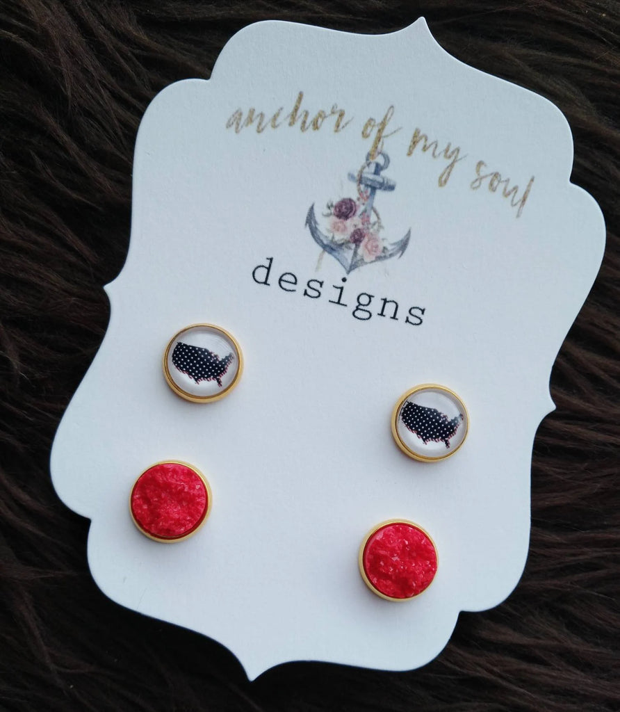 USA Stars and Stripes & Red Druzy 12mm Gold Earring Stud