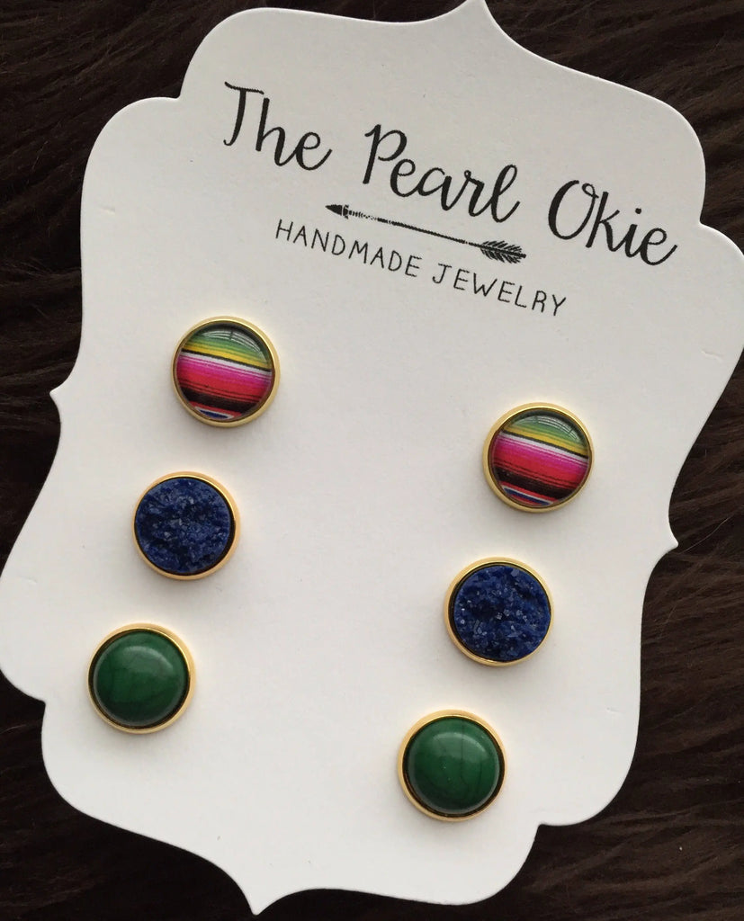 Gold Plated Serape, Hunter Green Howlite Stone and Navy Blue Faux Druzy Earring Trio Set