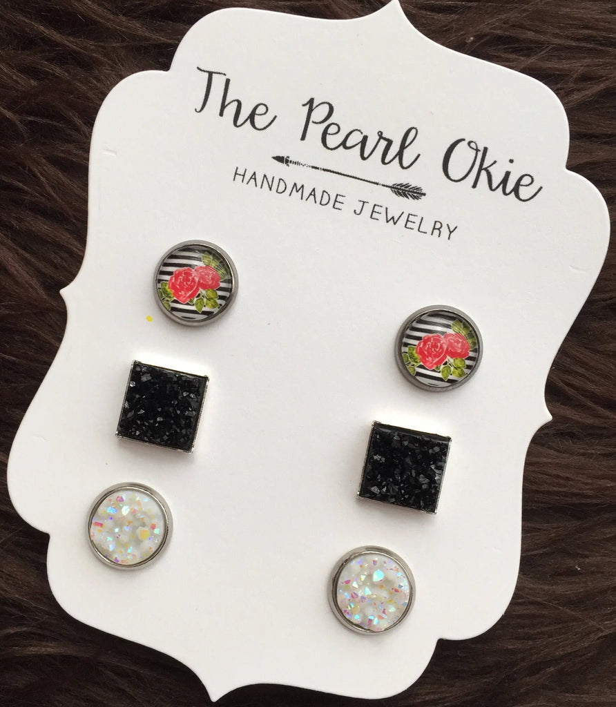 Black and White Stripe Red Roses Matching Stud Black Square and Iridescent White Faux Druzy Earring Trio Set