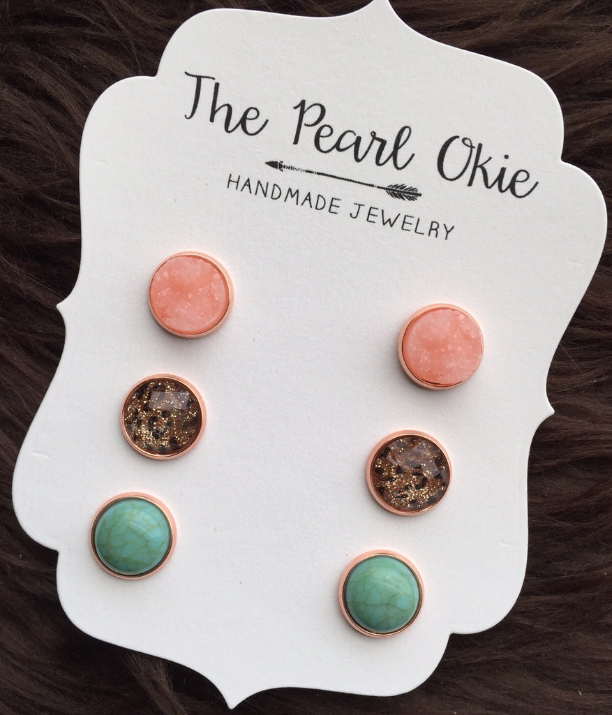 Spring Easter Rose Gold Setting Matching Stud Pink Peach Druzy, and Leopard Sparkle and Cracked Turquoise Earring Trio