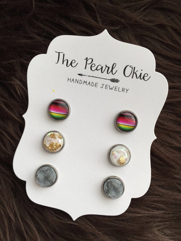 Serape, White and Gold Flake and Smokey Gray Opaque Faux Druzy Earring Trio Set