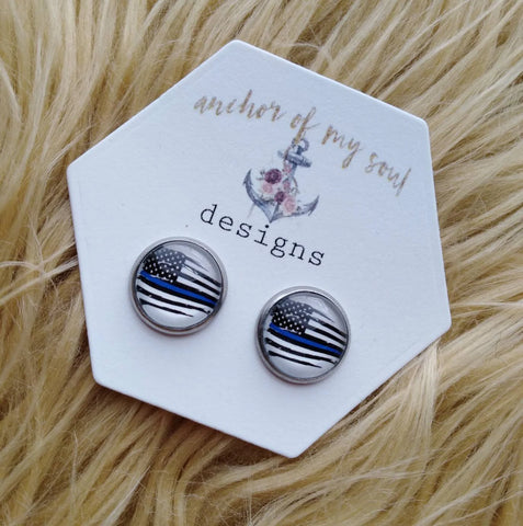 Thin Blue Line Flag Stainless Steel Hypoallergenic Earrings