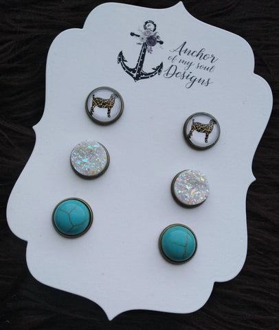 Leopard Goat, Turquoise Stone & White Faux Druzy with Bronze Setting Studs