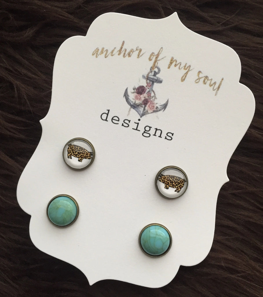 Leopard Pig & Turquoise Stone with Bronze Settings Stud Set
