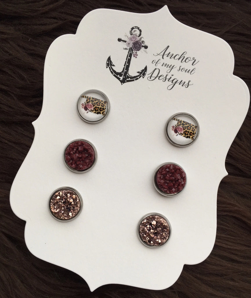 Leopard Print Floral Oklahoma & Maroon and Rose Gold Faux Druzy Stainless Steel Earrings