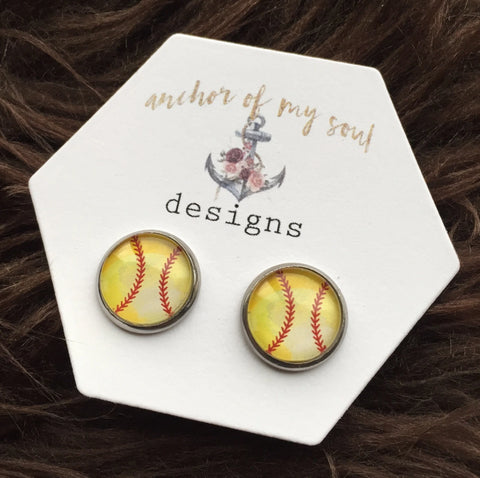 Watercolor Softball Hypoallergenic Earrings