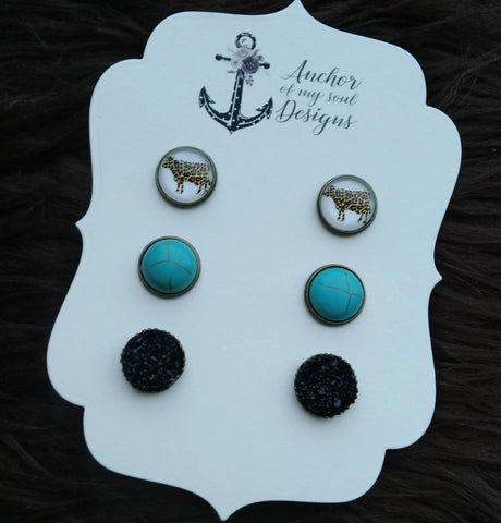 Leopard Cow Heifer, Turquoise Stone and Black Faux Druzy Trio with Bronze Settings Stud Set