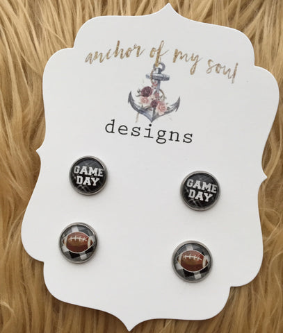 Game Day & Black and White Plaid Watercolor Football Earring Set
