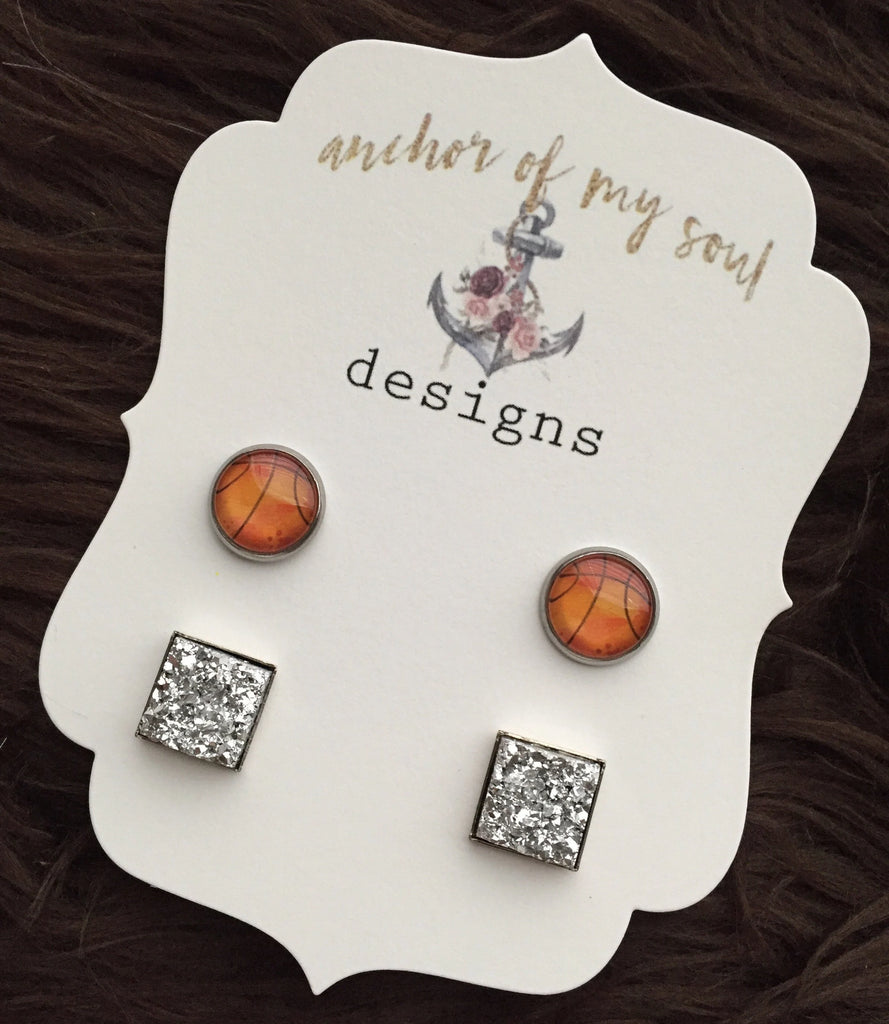 Watercolor Basketball & Silver Square Faux Druzy Stainless Steel Hypoallergenic Stud Earrings