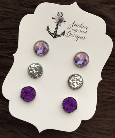 Watercolor Unicorn Stud Earring Trio