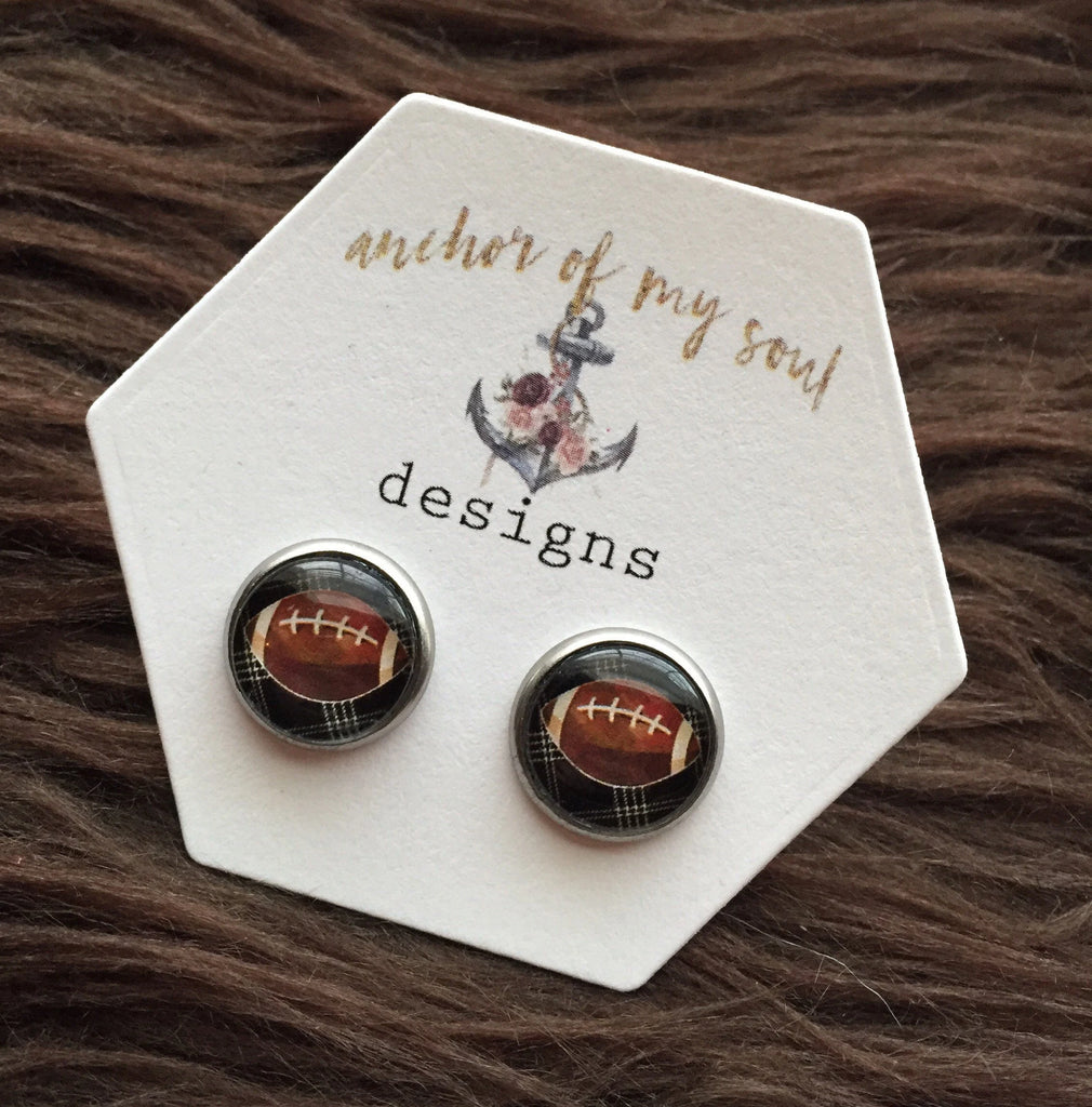 Black and White Plaid Watercolor Football Earrings