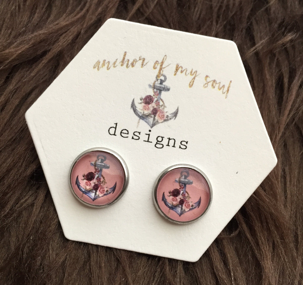 Floral Anchor Stud Earring Set Stainless Steel Hypoallergenic Earring Studs