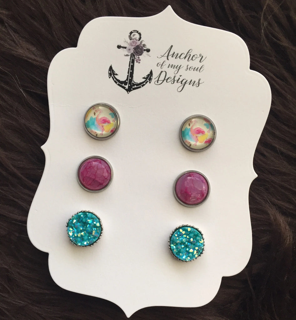 Flamingo, Cracked Pink and Iridescent Blue Faux Druzy Ornate Earring Trio Set