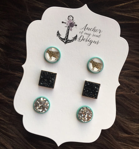 Leopard Cow Heifer, Black Square Faux Druzy and Silver Glitter Earring Stud Trio