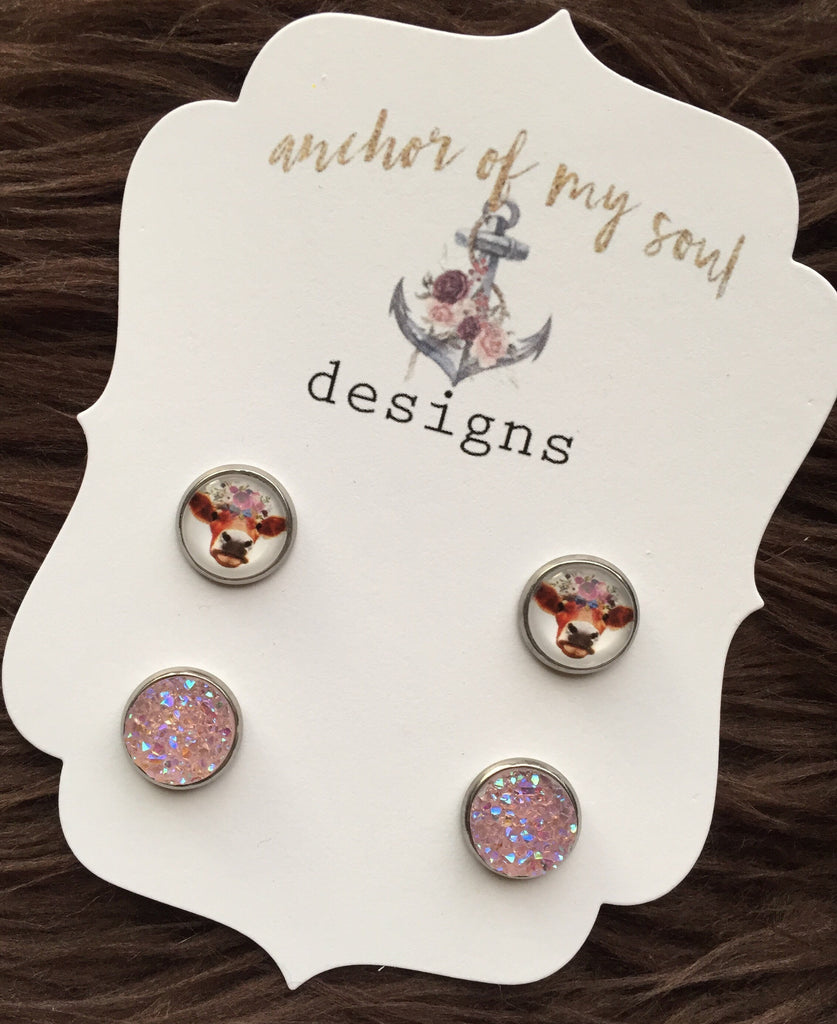 Cow Heifer with Floral Headband and Light Pink Faux Druzy Stainless Steel Hypoallergenic Stud