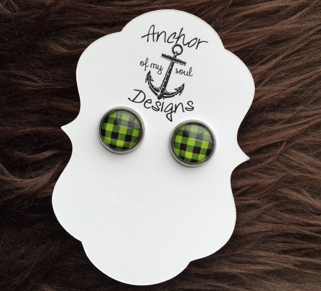 Green Buffalo Plaid Stainless Steel Hypoallergenic Stud Earring Set