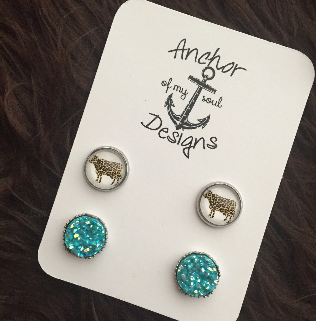 Leopard Cow Heifer and Turquoise Faux Dryzy Hypoallergenic Earring Stud Duo Set