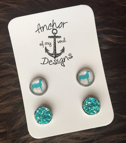 Turqoise Goat, Kid, Nubian & Turquoise Faux Druzy Stainless Steel Hypoallergenic Earring Stud Set
