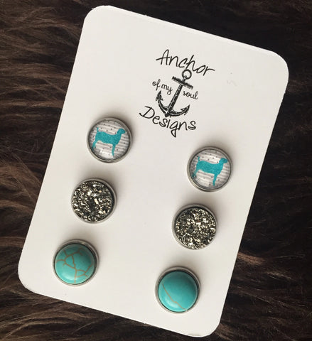 Turquoise Goat, Kid, Nubian, Dark Gray Faux Druzy & Turquoise Stone Stainless Steel Hypoallergenic Stud Set