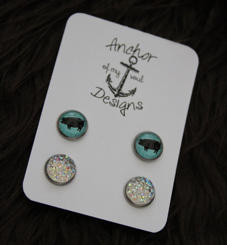 Teal Glitter Pig & Champagne Iridescent Ornate Faux Druzy Stainless Steel Hypoallergenic Stud
