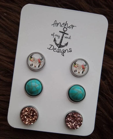 Boho Rustic Bull Skull with Feathers & Turquoise and Rose Gold Faux Druzy Stud Set