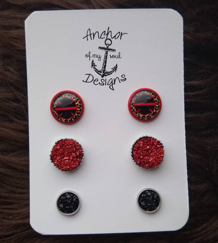 Thin Red Line & Leopard Red Ornate Faux Druzy Stainless Steel Hypoallergenic Earrings