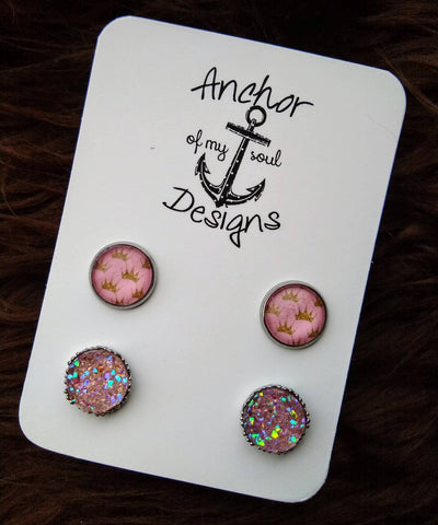 Light Pink & Gold Princess Crown and Light Pink Iridescent Faux Druzy Pink Hypoallergenic Earring Stud Set