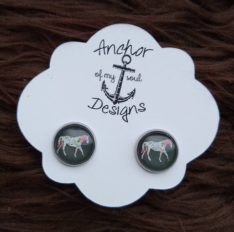 Floral and Gray Horse Stainless Steel Hypoallergenic Stud Earring Set