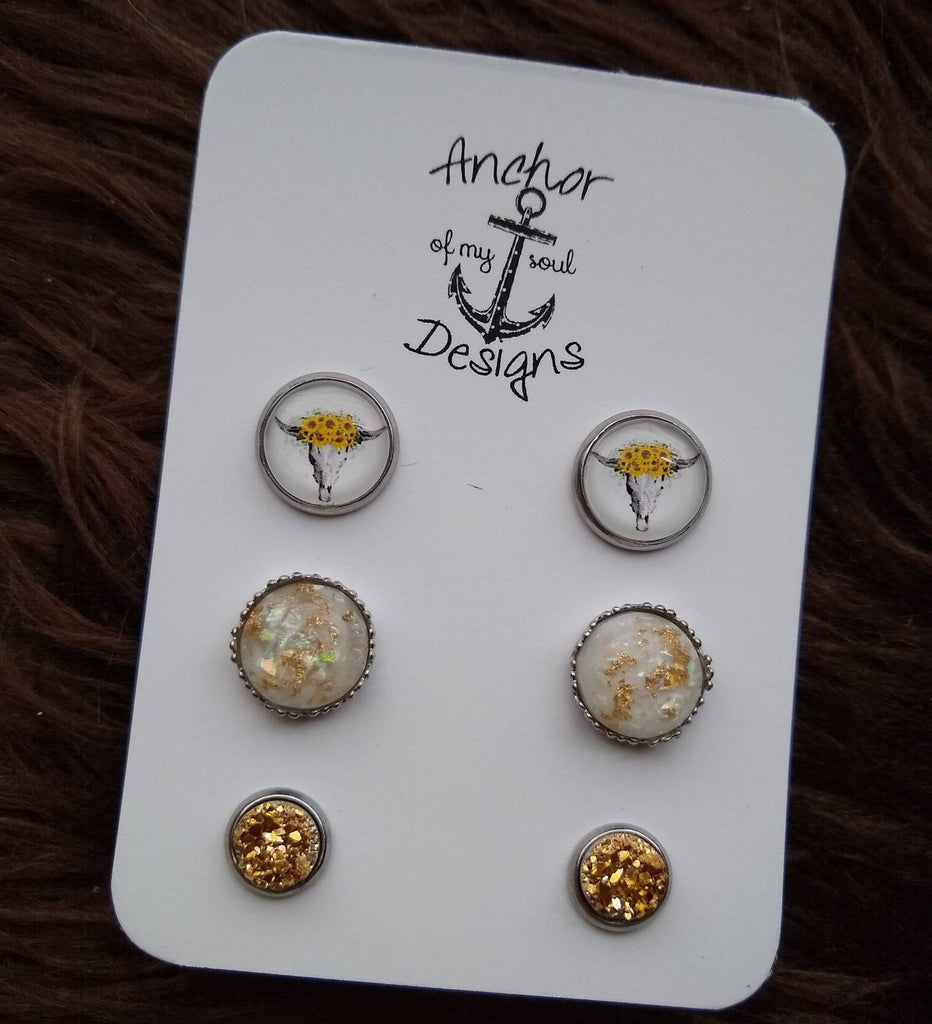 Sunflower Rustic Earring Trio with & Gold Flake Studs and Gold Faux Druzy Hypoallergenic Earring Stud Set