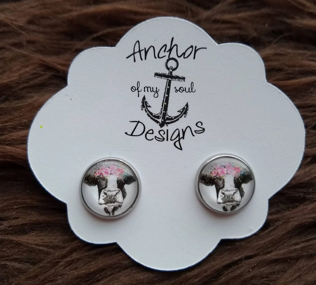Cow Heifer with Floral Headband Stainless Steel Earring Studs