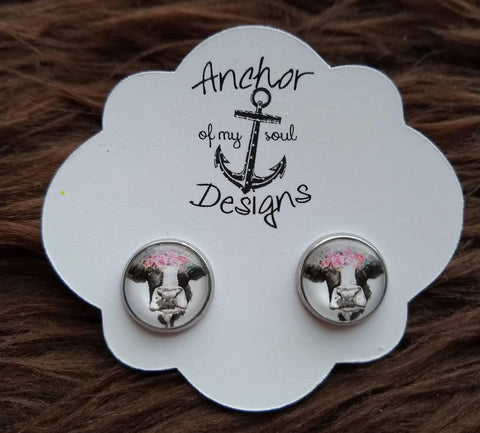 Cow Heifer with Floral Headband Stainless Steel Earring Studs