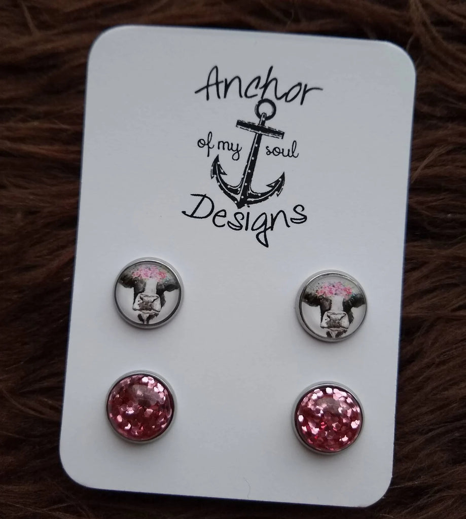 Cow Heifer with Floral Headband & Pink Glitter Stainless Steel Earring Studs