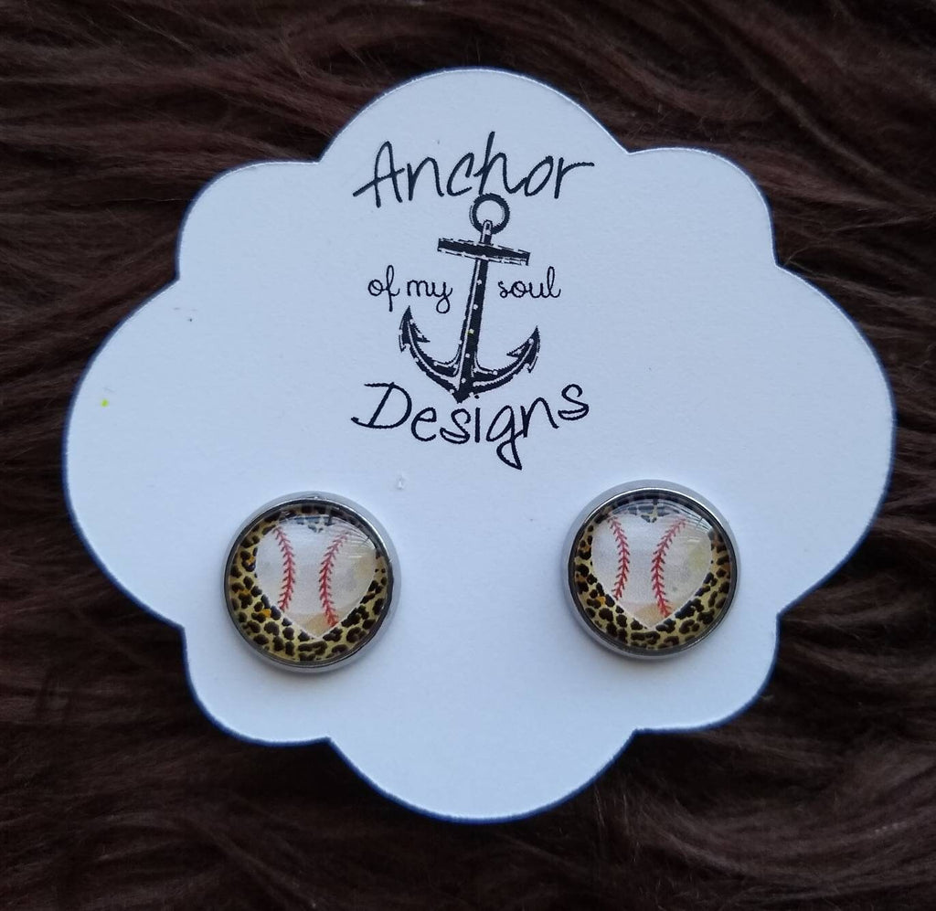 Leopard Baseball Heart Hypoallergenic Earring Set