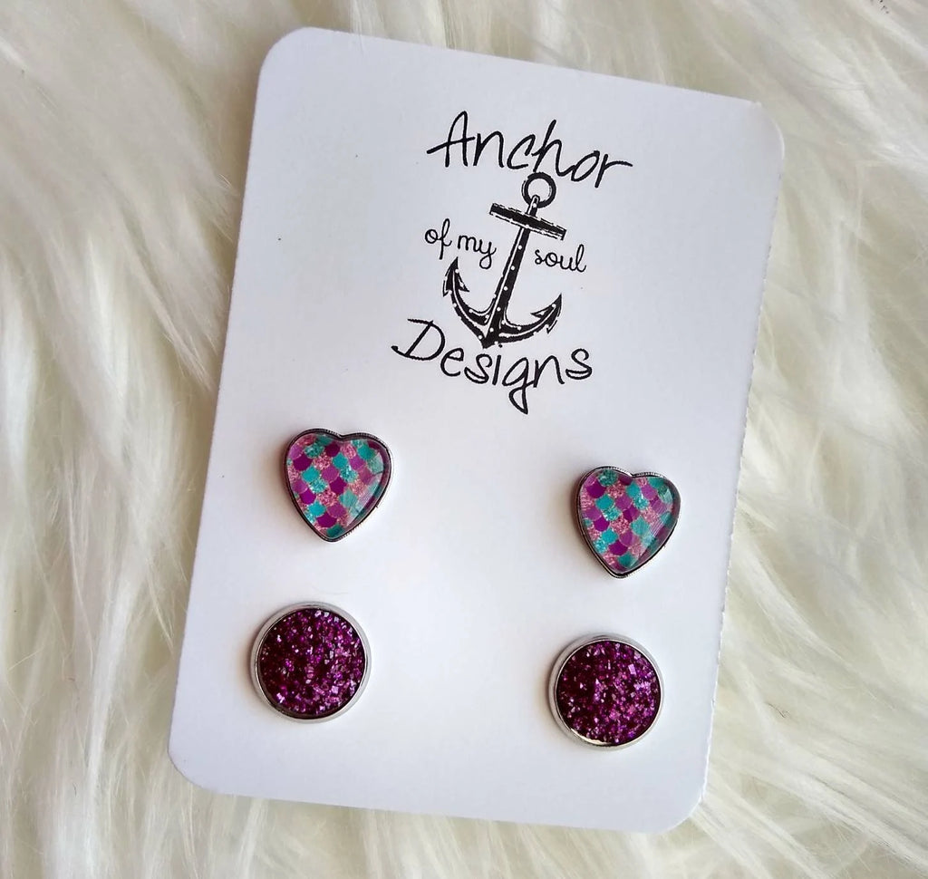 Heart Mermaid Scales & Purple Irridescent Faux Druzy Earring Set Duo