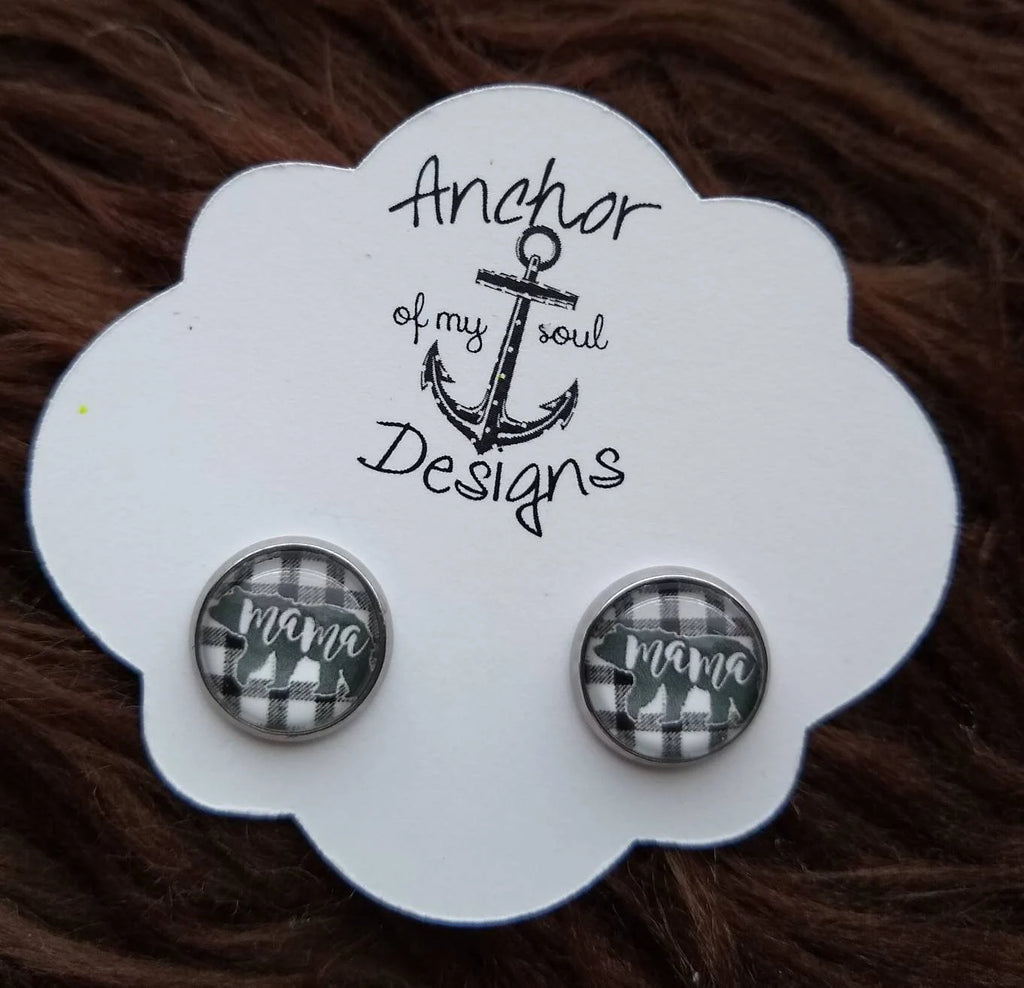 Plaid Mama Bear Stainless Steel Hypoallergenic Earring Stud Sets