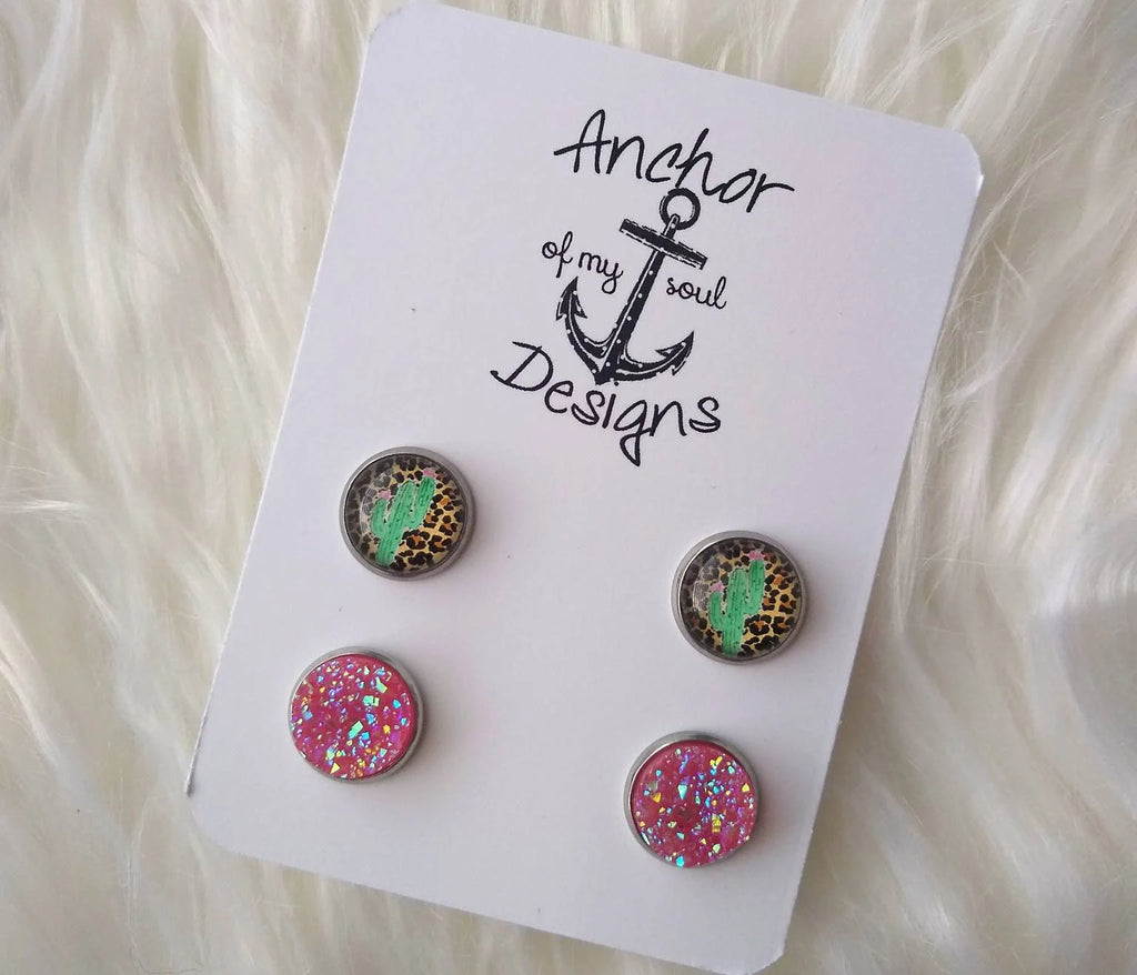 Floral & Leopard Print Cactus and Pink Iridescent Faux Druzy Stainless Steel Hypoallergenic Cactus Earring Stud Set
