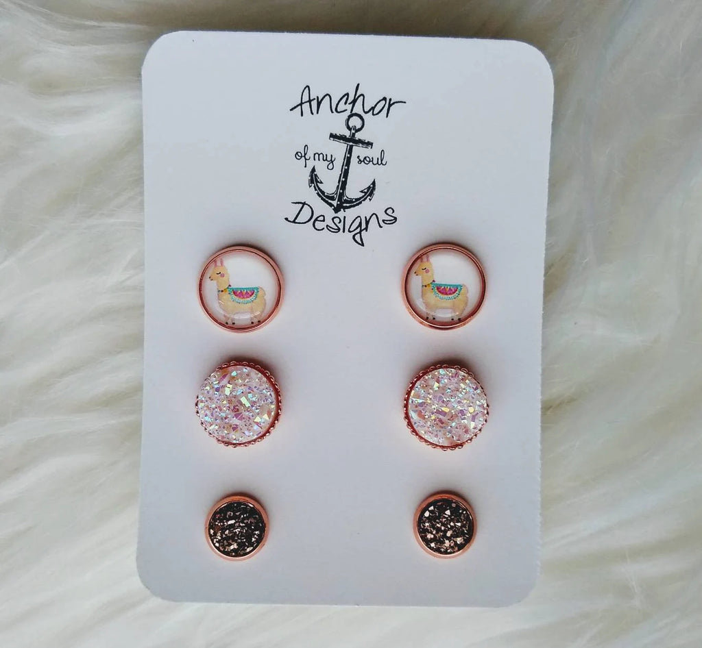 Rose Gold Llama and Iridescent White Faux Druzy Ornate Earring Trio Set