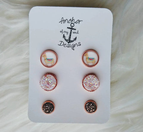 Rose Gold Llama and Iridescent White Faux Druzy Ornate Earring Trio Set