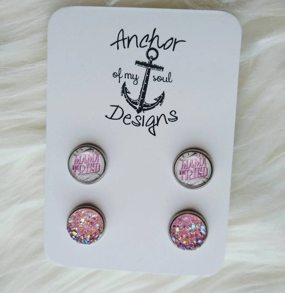 Pink Mama Tried Hypoallergenic Earring Stud Set