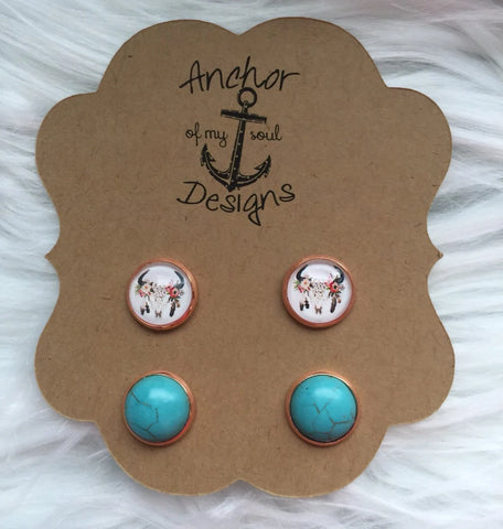 Boho Rustic Skull with Feathers & Turquoise Rose Gold Earrings