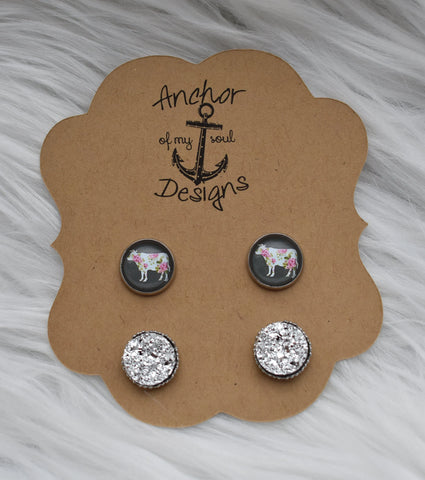 Floral Cow Heifer & Silver Ornate Faux Druzy Stainless Steel Hypoallergenic Stud