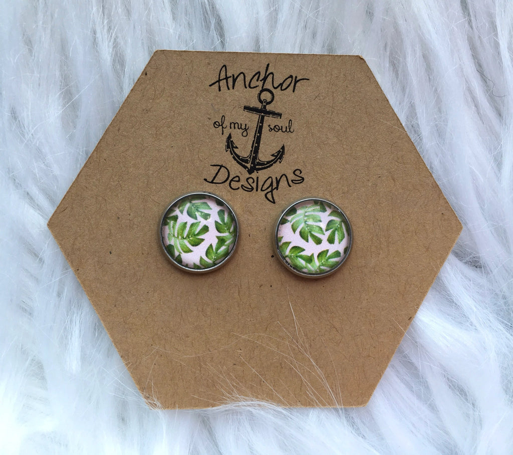 Tropical Monstera Leaves and Blush Stainless Steel Earring Set