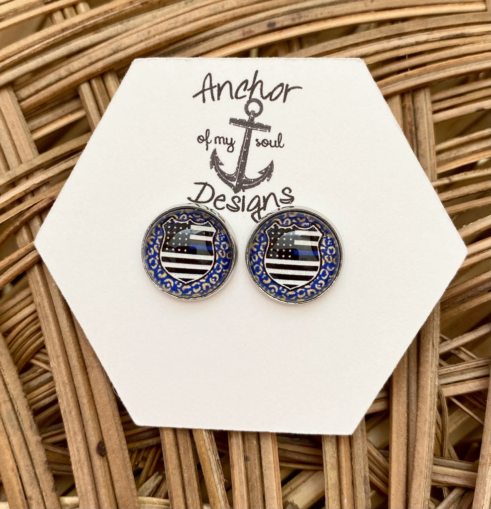 Thin Blue Line Badge with Blue Leopard Stainless Steel Hypoallergenic Earrings