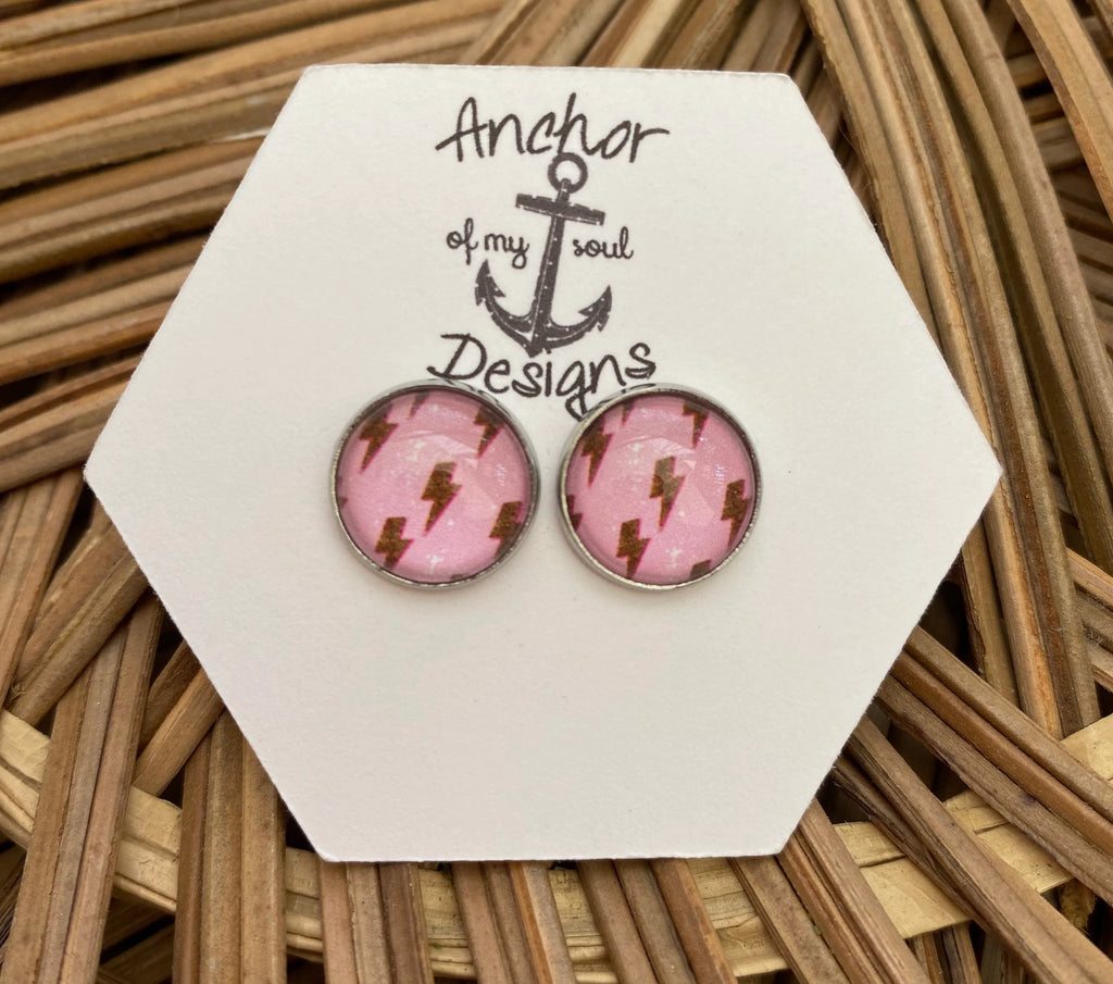 Pink and Leopard Lightning Bolt Stainless Steel Hypoallergenic Stud Earring Set